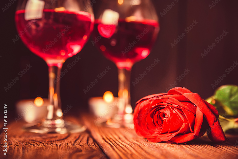 Valentine's day background with wine, candles Valentine's day background with wine, candles