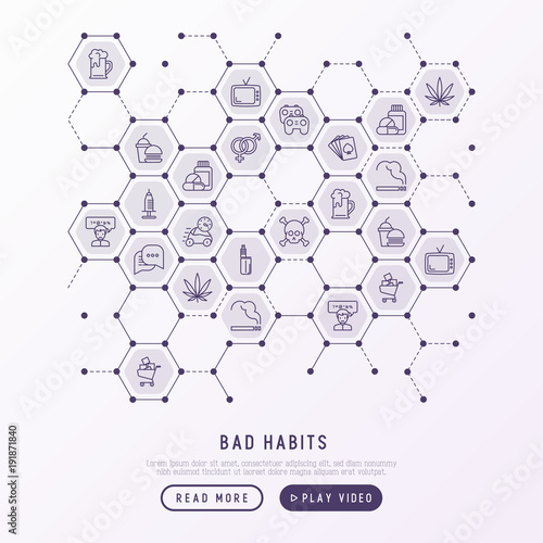 Bad habits concept in honeycombs with thin line icons: abuse, alcoholism, cigarette, marijuana, drugs, fast food, poker, promiscuity, tv, video games. Modern vector illustration.
