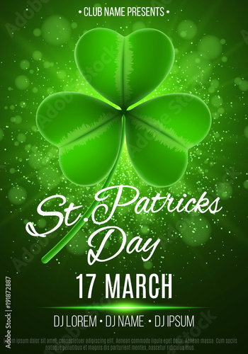 Poster for a Happy Saint Patrick's Day party. Green rays of light. Abstract bokeh lights and glowing dust. Luminous clover. Dark magic composition. Invitation to the club. Vector illustration