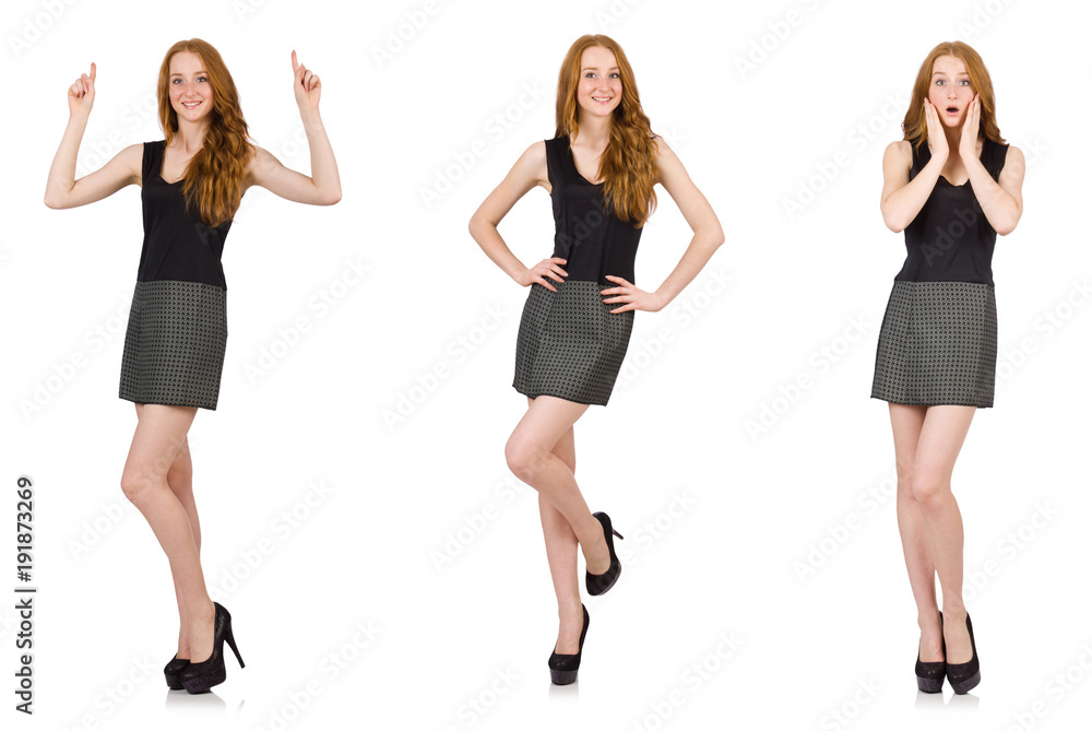 Red hair girl in gray dress isolated on white Red hair girl in gray dress isolated on white