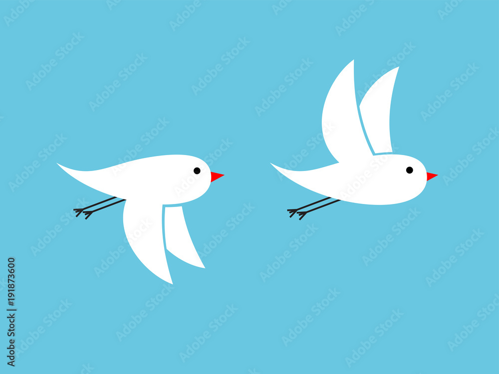 White birds flying on blue background waving their wings upwards White birds flying on blue background waving their wings upwards