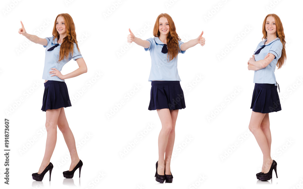 Young naughty student pressing virtual button isolated on white Young naughty student pressing virtual button isolated on white