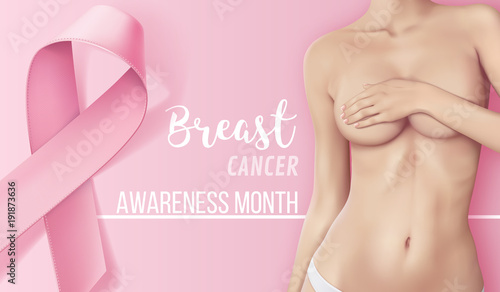 Realistic banner with the beautiful woman and pink ribbon, breast cancer awareness symbol, vector illustration