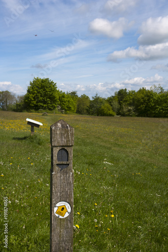 Costwold Way long distance footpath waymark at Coaley Peak viewpoint near Nympsfield, Gloucestershire, UK photo