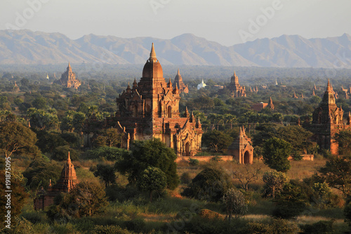 group of ancient pagodas at the scenic sunrise at bagan myanmar. Landscape of many ancient Buddhist temples in Bagan   famous ancient city and one of Asias most important archeological sites.