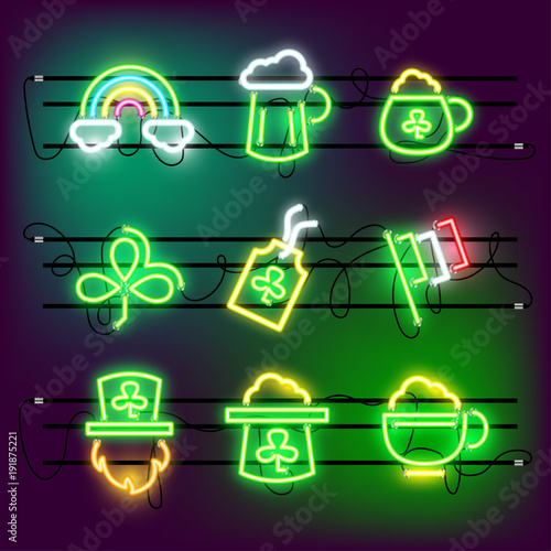 Gold coins pot red beard rainbow hat. St Partricks Day icon set neon effect. Irish holiday bulb element vector illustration. Green beer clover illuminated lamp billboard lights. Night club party sign