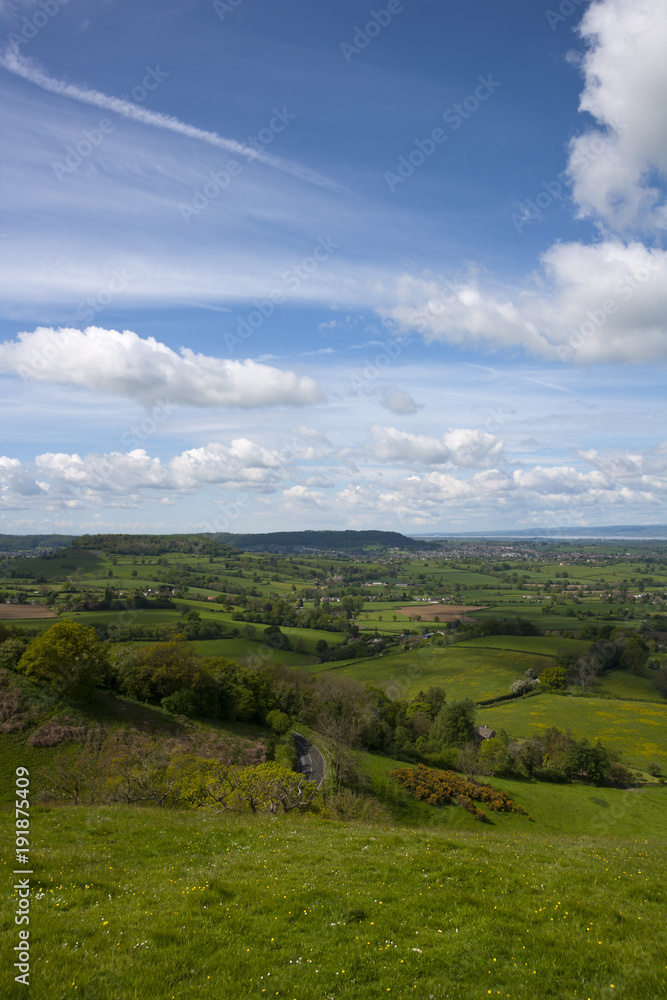 Viewpoint view over The Severn Vale from the Cotswold escarpment at Coaley Peak near Nympsfield, Gloucestershire, UK