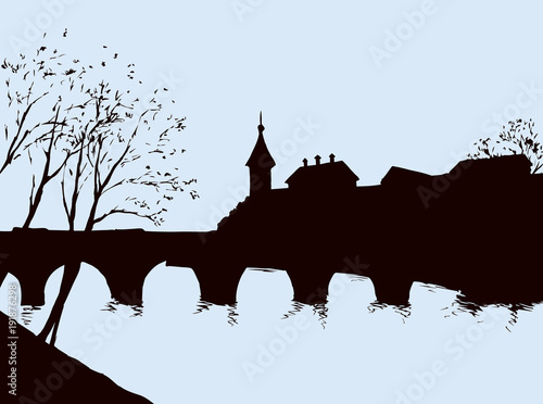Cityscape with bridge over river. Vector drawing