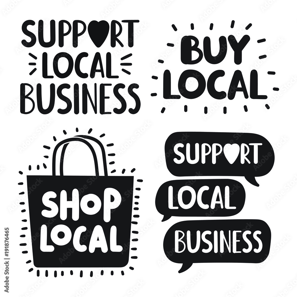 Support local business concept. Set of hand drawn doodles badges, icons. Flat vector