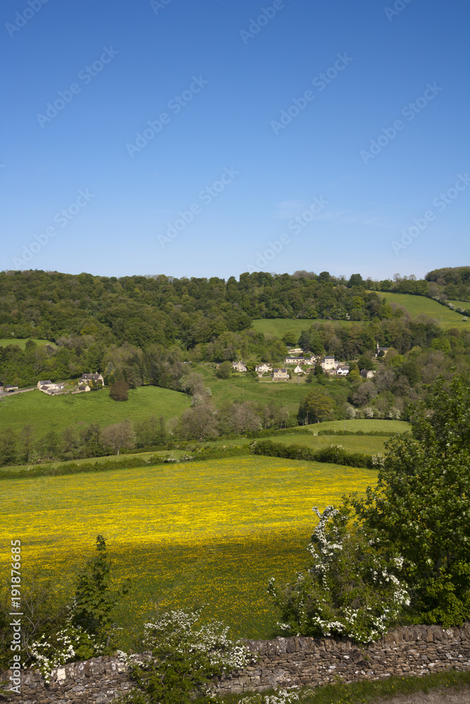 The idyllic rural Slad Valley in spring sunshine, Cotswolds, Gloucestershire, UK.