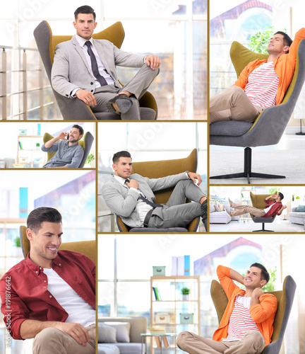 Set with men sitting in com...