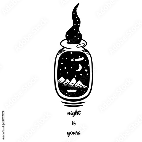 Ink doodle of bottle with starry night sky. Vector illustration isolated on white