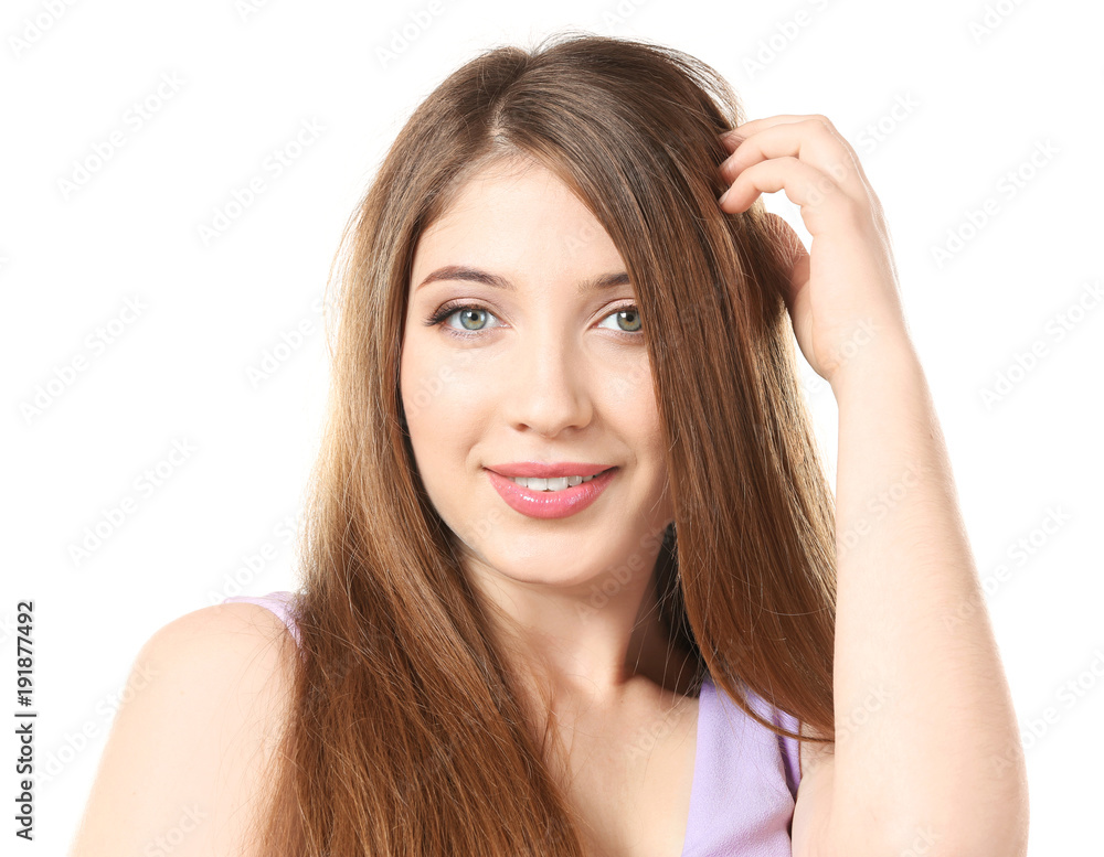 Portrait of beautiful smiling woman on white background Portrait of beautiful smiling woman on white background
