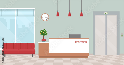 Office interior with reception and waiting area. Flat style, vector illustration.
