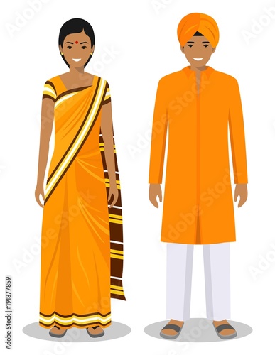 Set of standing together indian man and woman in the traditional clothing isolated on white background in flat style. Differences people in the east dress. Vector illustration.