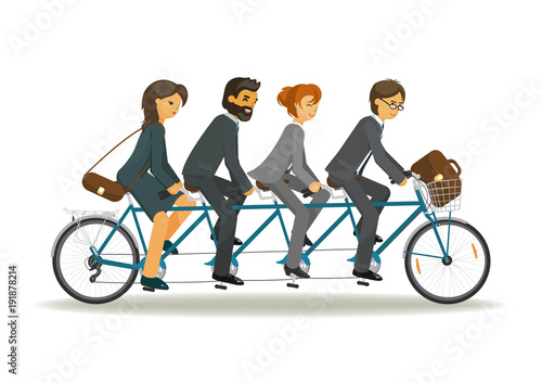 Businessmen and business women riding tandem bicycle together. Business teamwork concept. Vector illustration on white background.