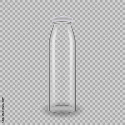 Realistic template of empty glass transparent bottles for juice.