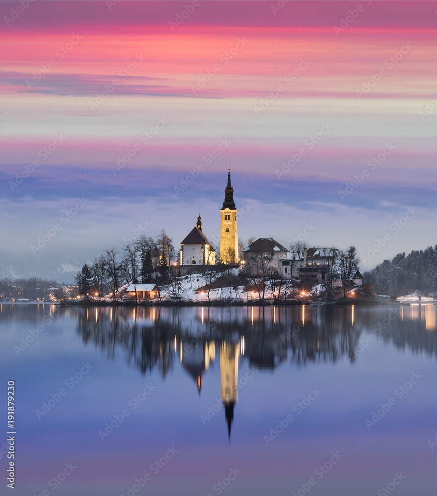 Amazing sunset at the lake Bled in winter, Slovenia.