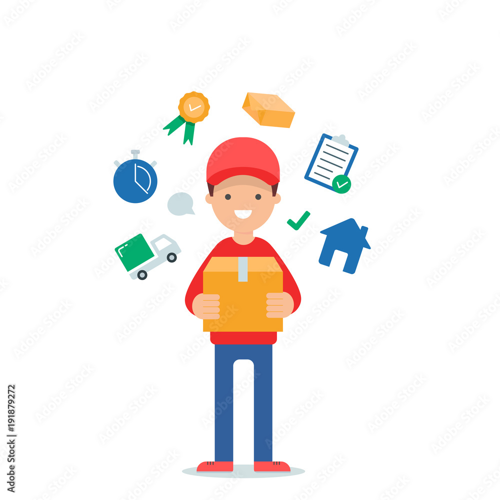 Courier delivery, man with box vector illustration