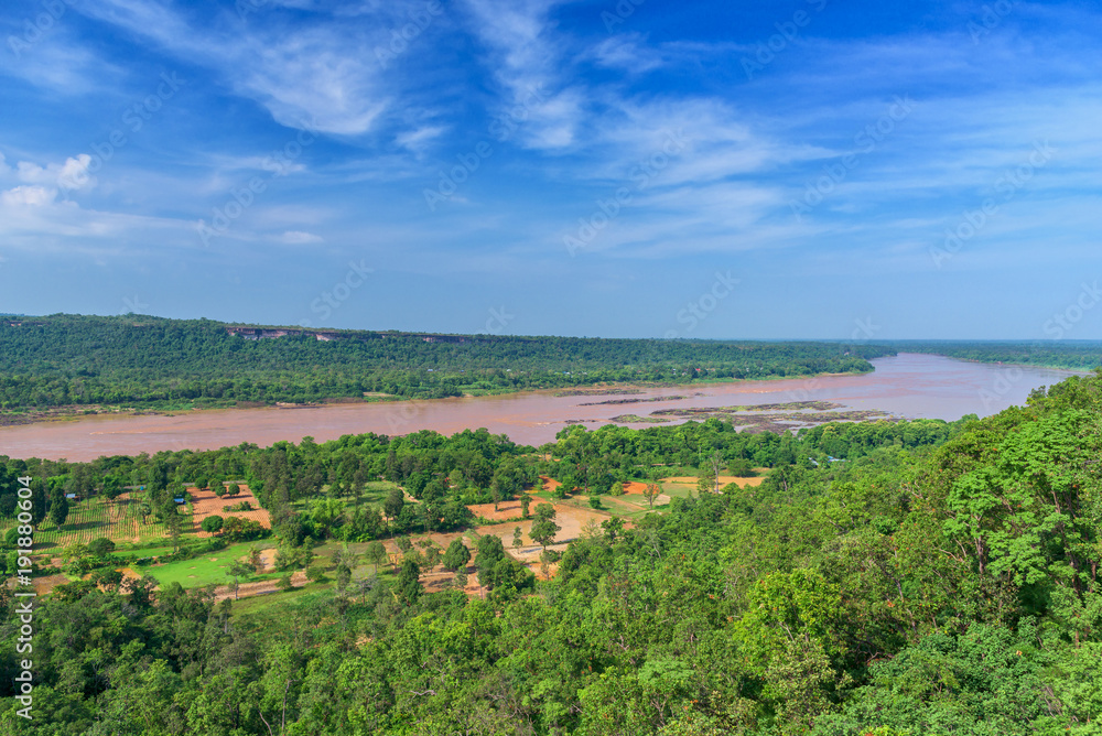 Landscape of rainforest, Panoramic beautiful Mekong river with blue sky at Thailand.