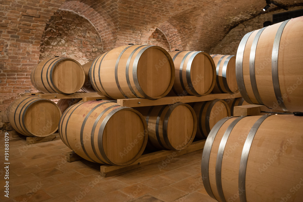 Wine barrels for storage in traditional cellar