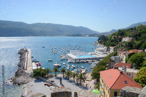 Mediterranean seaside in summer with boats, Herceg Novi photo