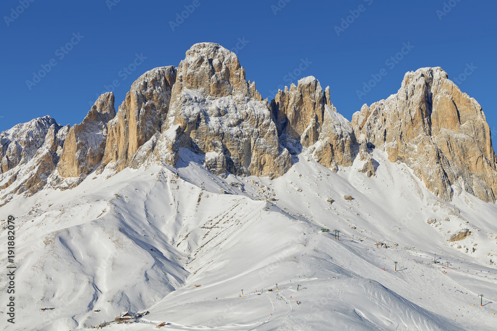 View of the Sassolungo (Langkofel) Group of the Italian Dolomites from the Val di Fassa Ski Area, Trentino-Alto-Adige region, Italy
