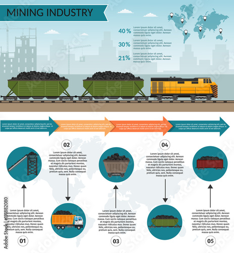 Coal mining industry and transportation set infographics elements isolated vector technics building
