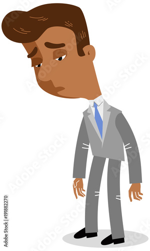 Vector illustration of a sad looking asian cartoon businessman letting his head hang isolated on white background