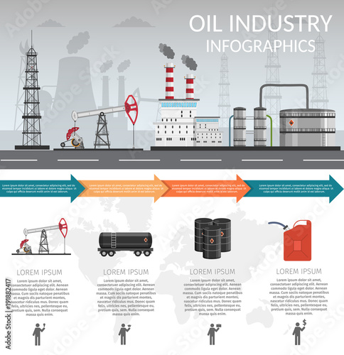 Vector Oil rig industry of processing petrol and transportation infographics set production elements.