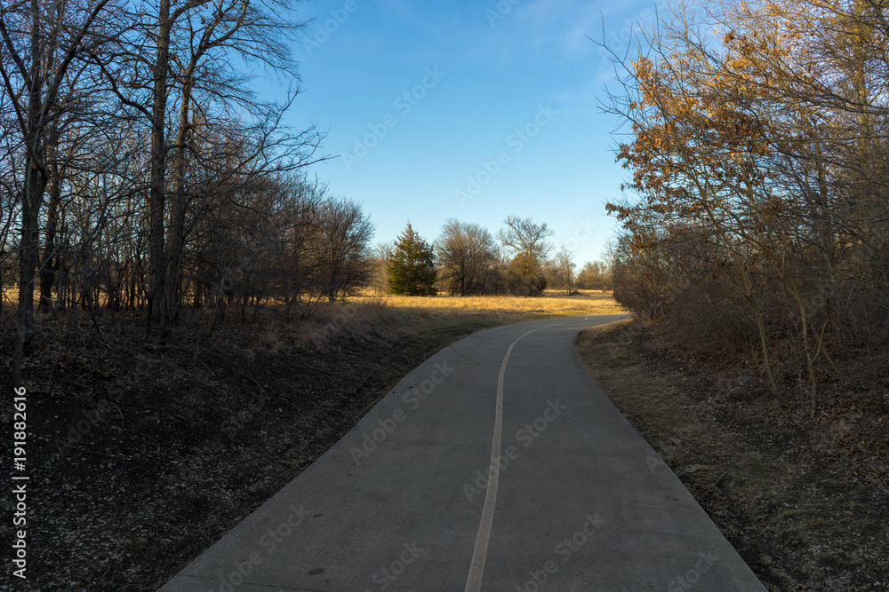 Concrete path in the city park in the shade of trees and a sunlit field in the February evening in Texas Concrete path in the city park in the shade of trees and a sunlit field in the February evening in Texas