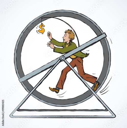 Man chasing money over a precipice. Vector drawing