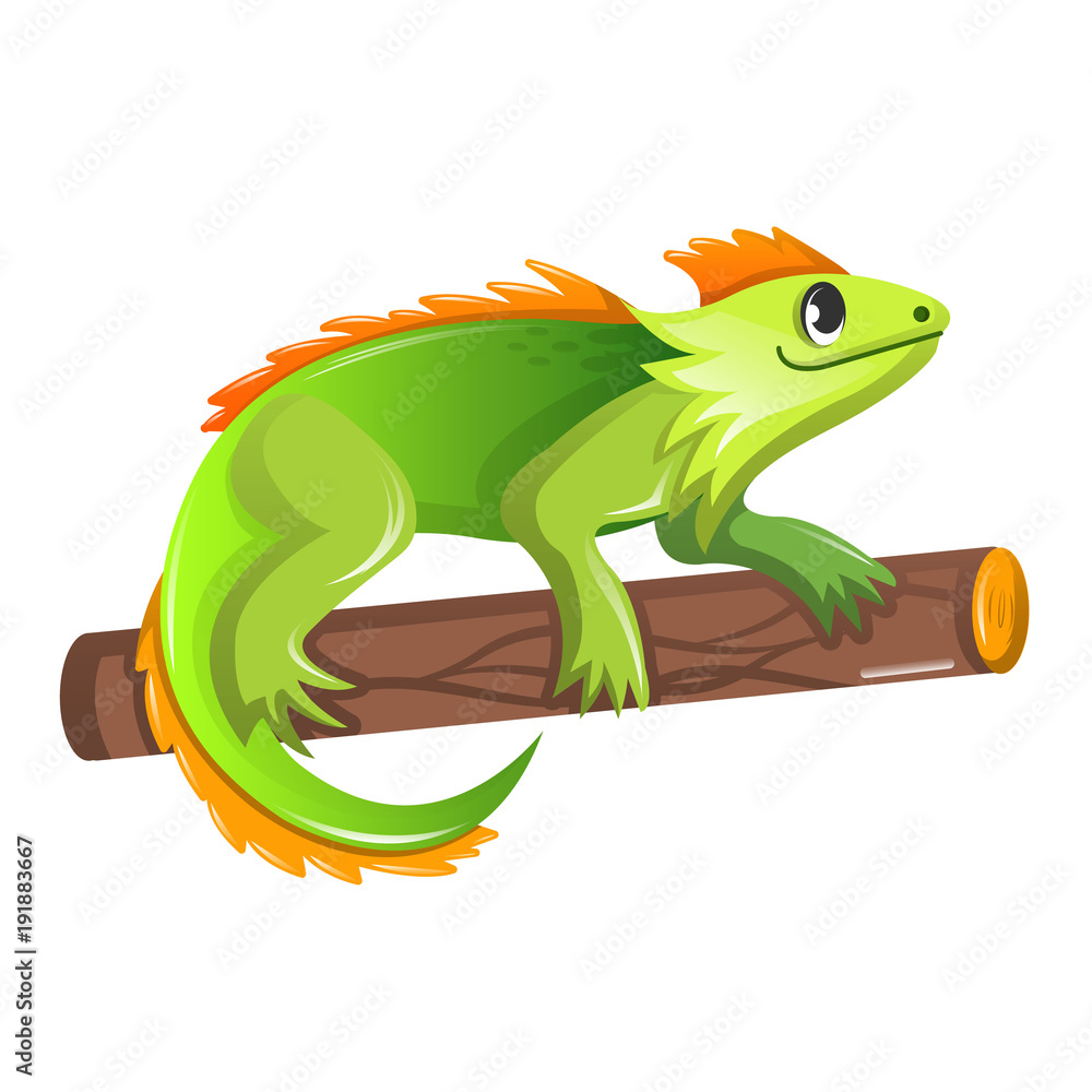 Fototapeta premium Beautiful funny cartoon green iguana sitting on a tree.