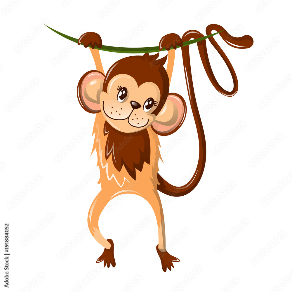 Beautiful funny cartoon monkey, hung on a tree branch. Stock Vector | Adobe  Stock