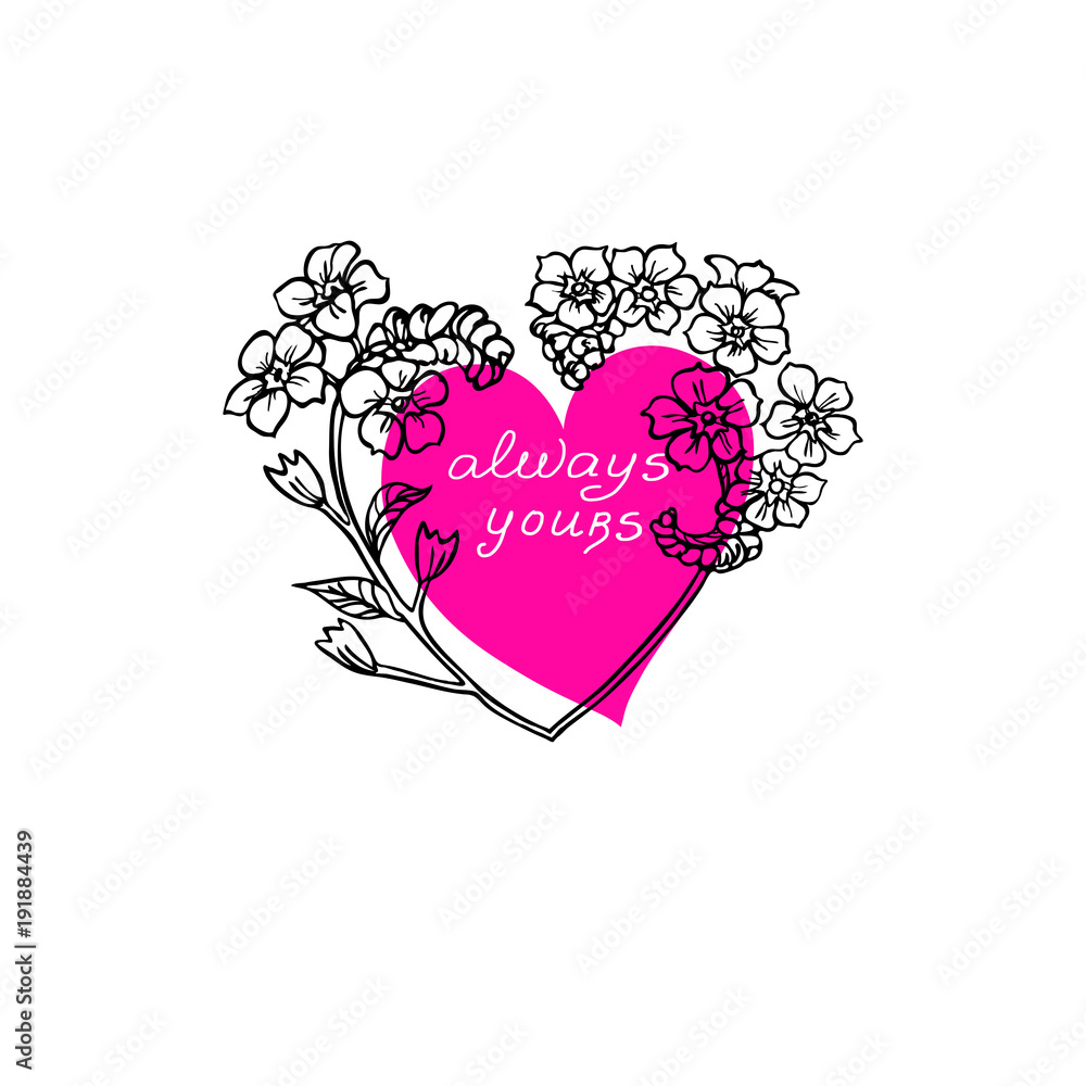  Romantic Cute Vector Template for Valentine's Day Greeting Card, Web or Poster with Heart and Forget-Me-Not Flowers Isolated on White Background