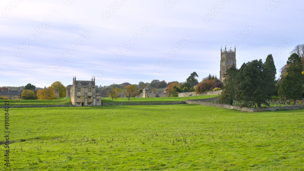 Historic Chipping Campden architecture viewed across the fields, Gloucestershire, Cotswolds, UK
