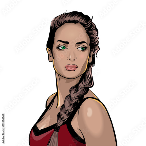 Portrait of a girl on a white background. Green-eyed brown-haired with a pensive look.
