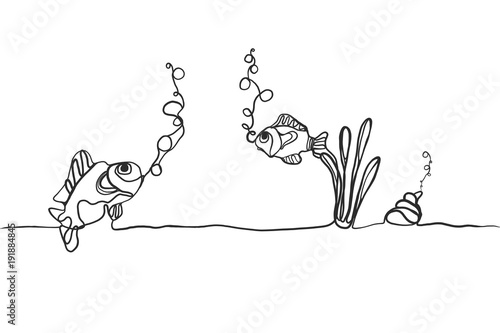 Hand drawing of fishes and shellfish breathing oxygen underwater on floor.