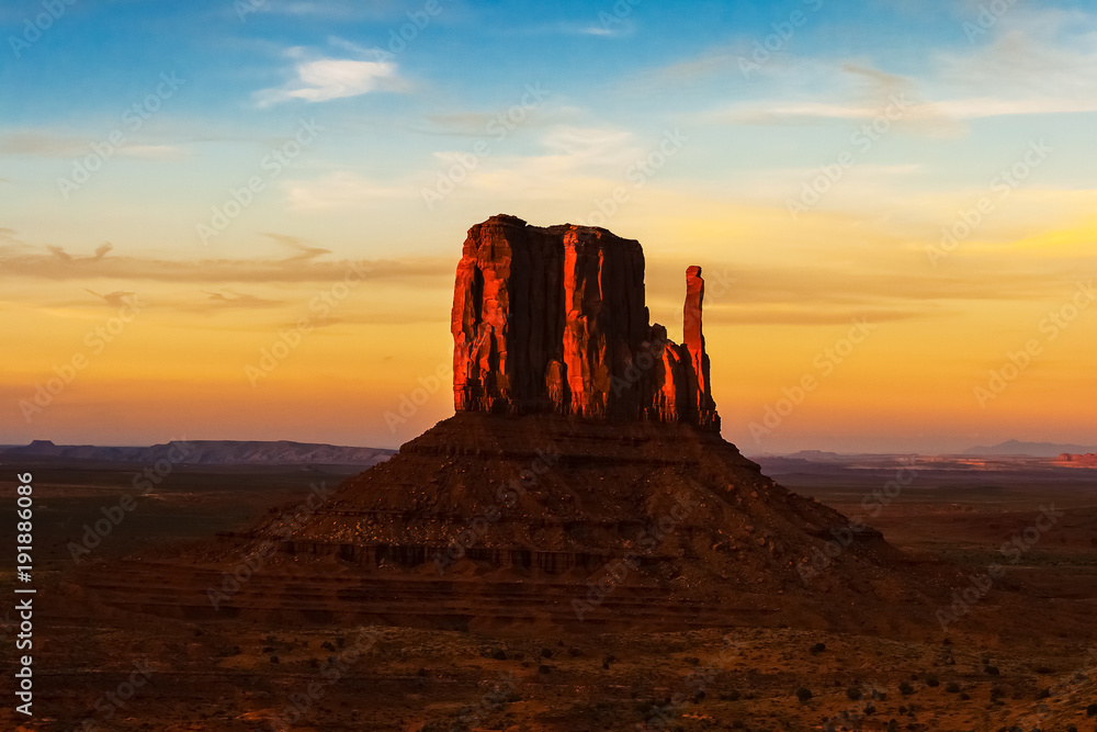 The West Mitten Butte at dusk in Monument Valley Navajo Tribal Park, Arizona.