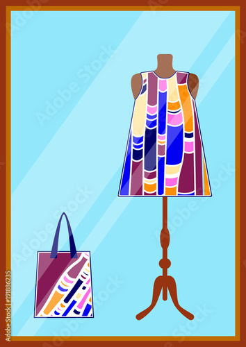 The window in clothing store. Woman clothes modern stylish boutique, shop. Store window with summer fashion colorful beach dress and bag in flat style. Vector illustration.