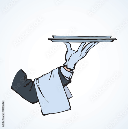 Hand of waiter with dish. Vector drawing