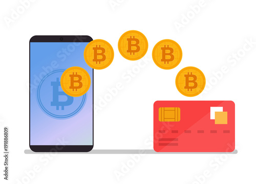 Bitcoin transaction to credit card. Currency exchange concept. Vector flat cartoon illustration