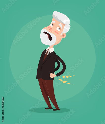  Old man character have spine pain and problem. Vector flat cartoon illustration