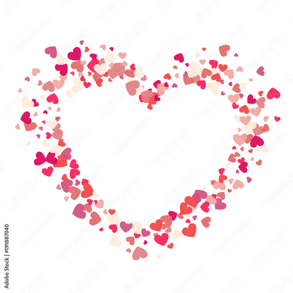 Heart shape vector pink confetti splash with white heart frame inside