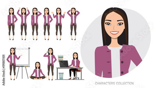 Set of emotions for asian business woman.