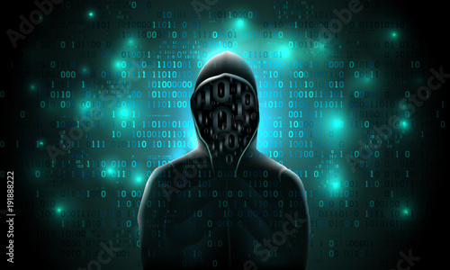 Silhouette of a hacker in a hood with binary code on a luminous background, hacking of a computer system, theft of data