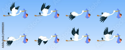 Storks with baby, animation sprite sheet,  flying animation, new born baby, baby girl, baby boy