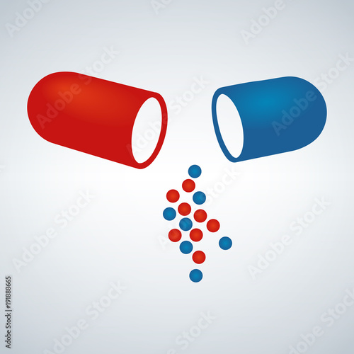 Blue and red capsule, Painkillers, antibiotics, vitamins, amino acids, minerals, bio active additive, sports nutrition. Icons of medicament. Medical illustration on white background.