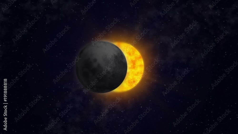 Full solar eclipse animation. The Moon covers the Sun. Motion graphics