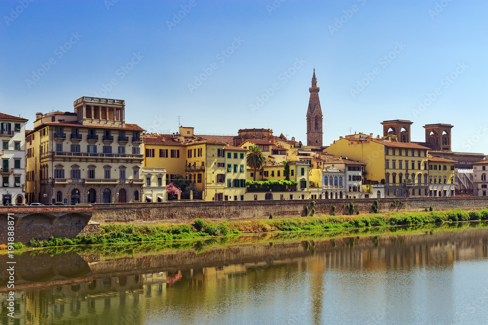 Buildings and sights of Florence. The Arno River Coast, Italy, June 2017